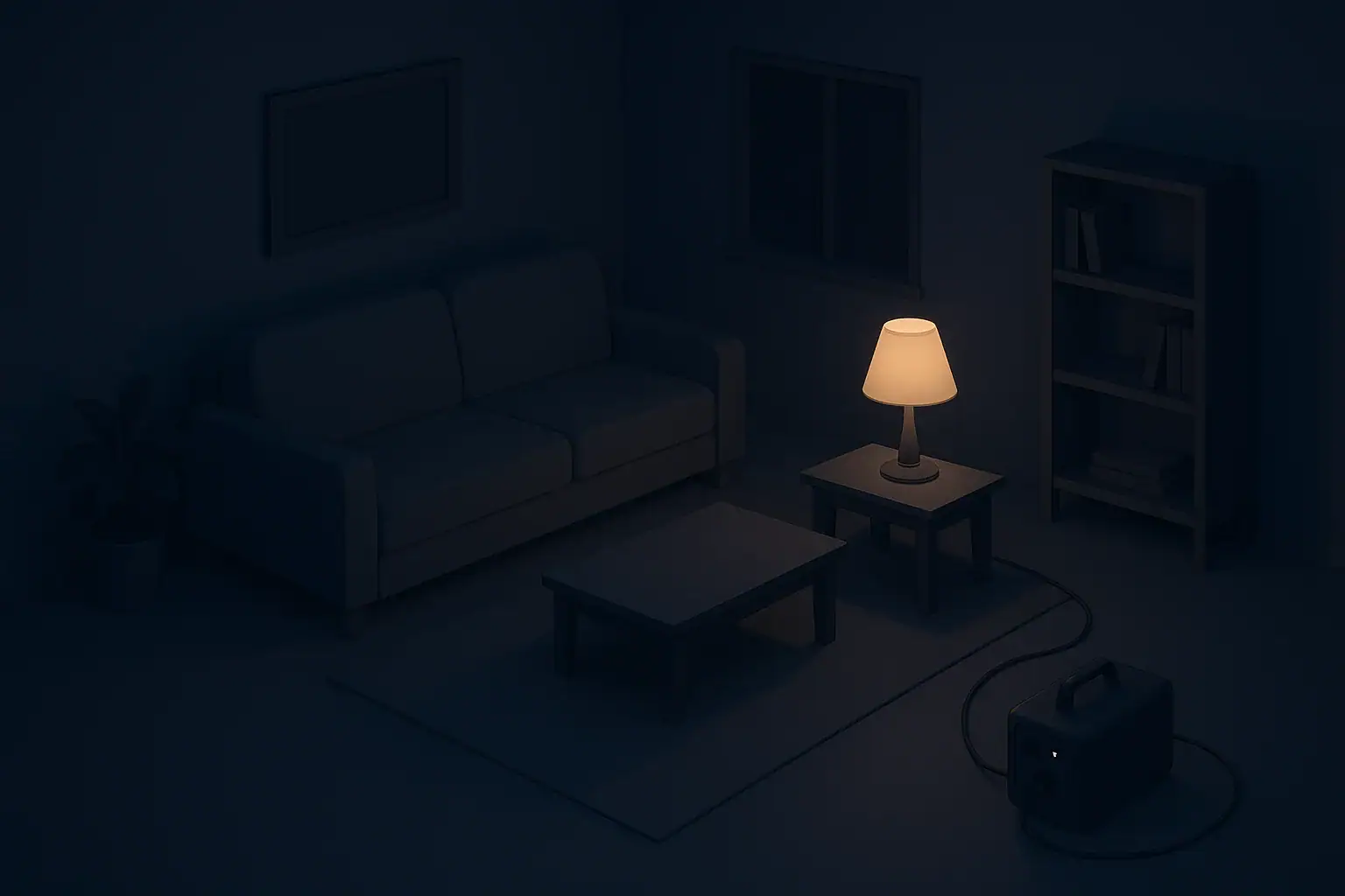 Living room scene with backup power during blackout