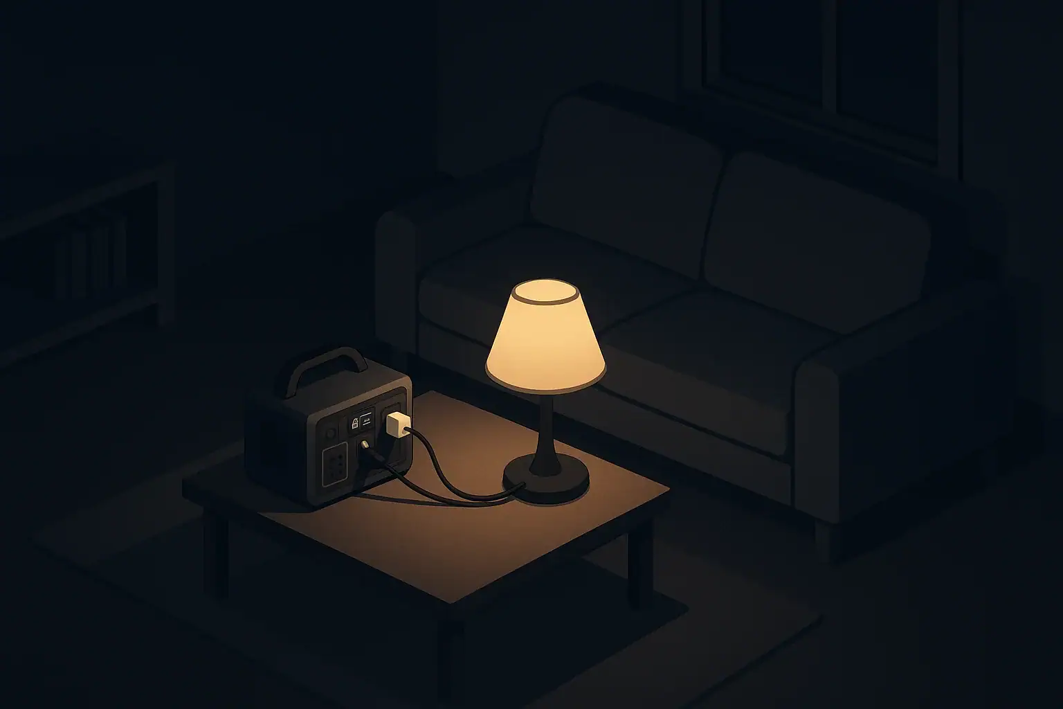 Calm living room using backup power station during blackout
