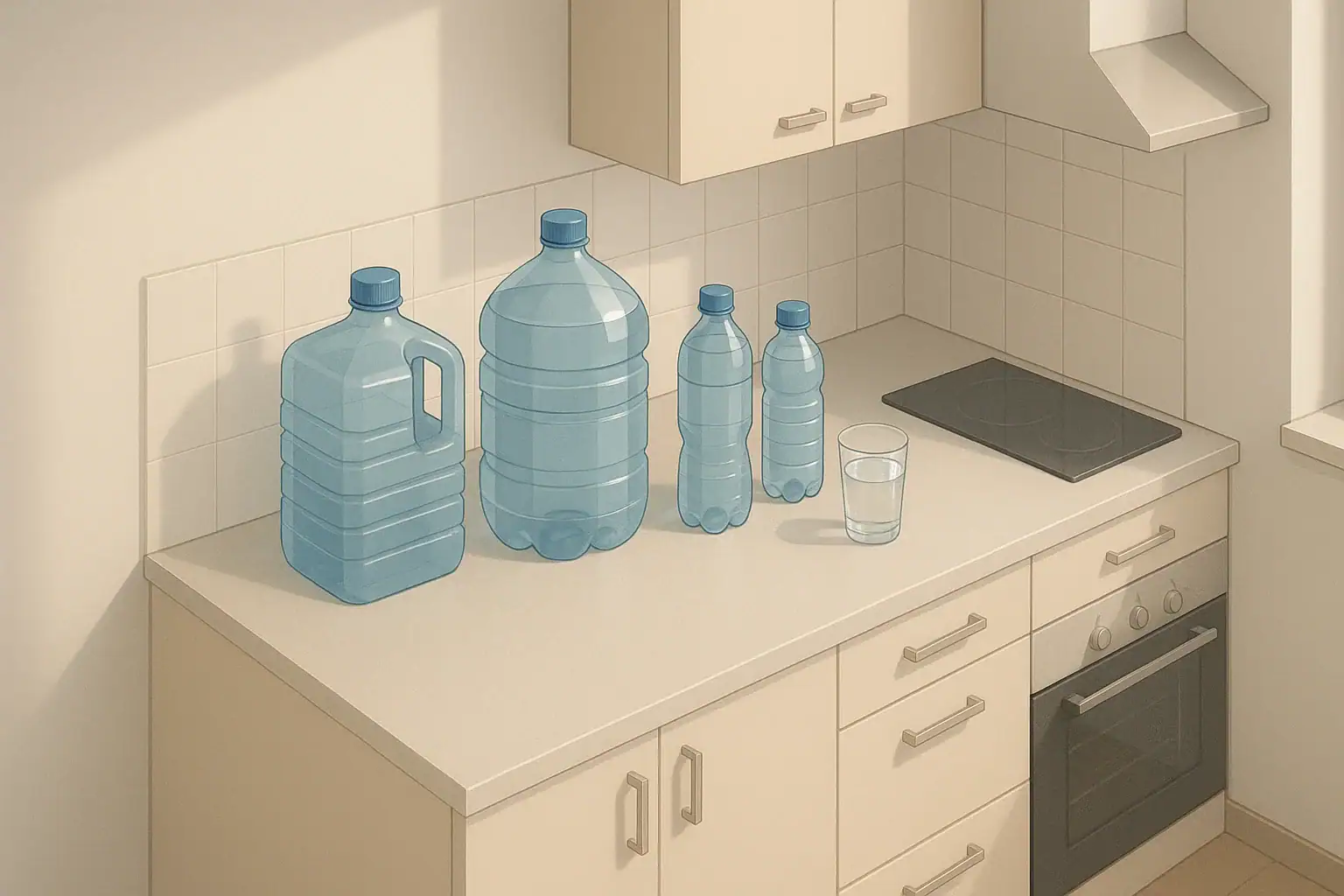 Apartment kitchen corner with water storage containers
