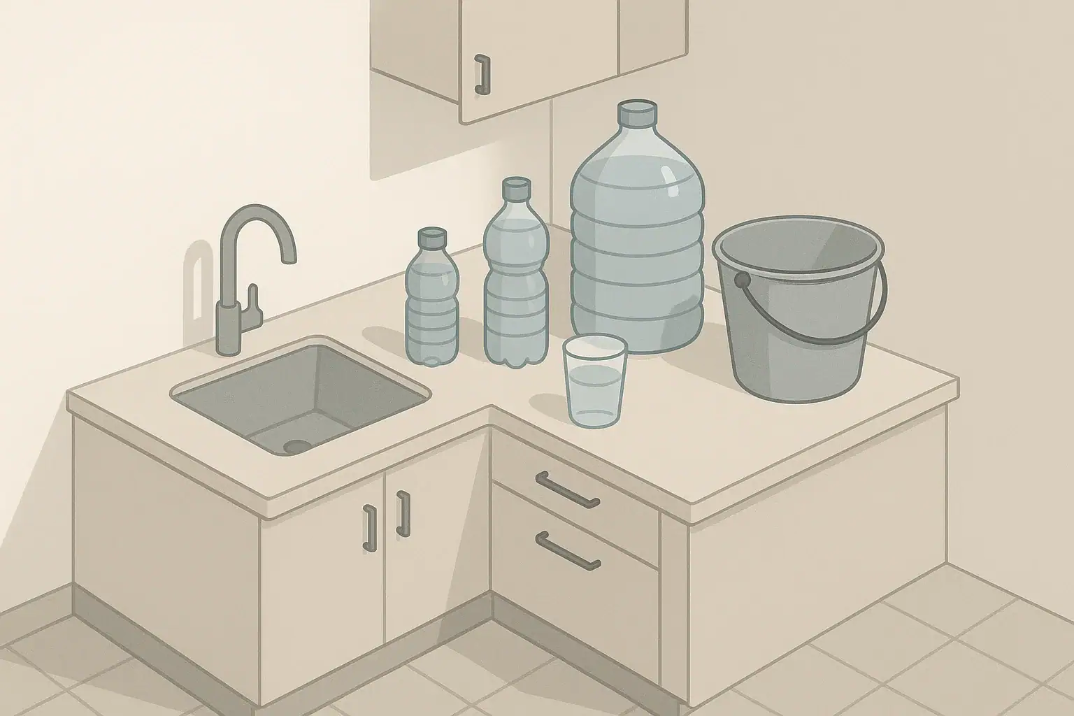 Kitchen corner with water containers ready for outage