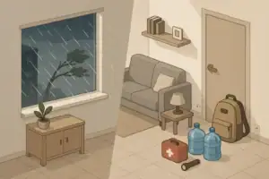 Apartment hurricane preparedness scene with emergency supplies ready