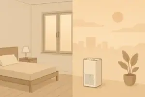 calm apartment interior with wildfire smoke haze outside window