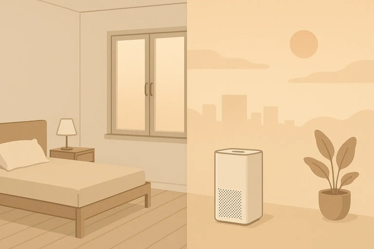 calm apartment interior with wildfire smoke haze outside window