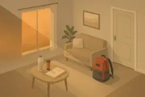 Apartment go bag packed near door with wildfire haze outside