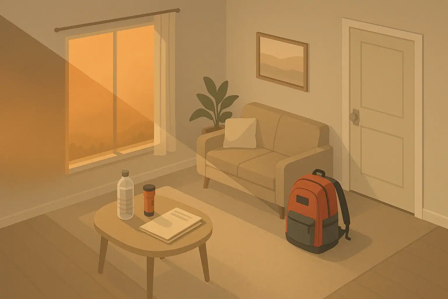 Apartment go bag packed near door with wildfire haze outside