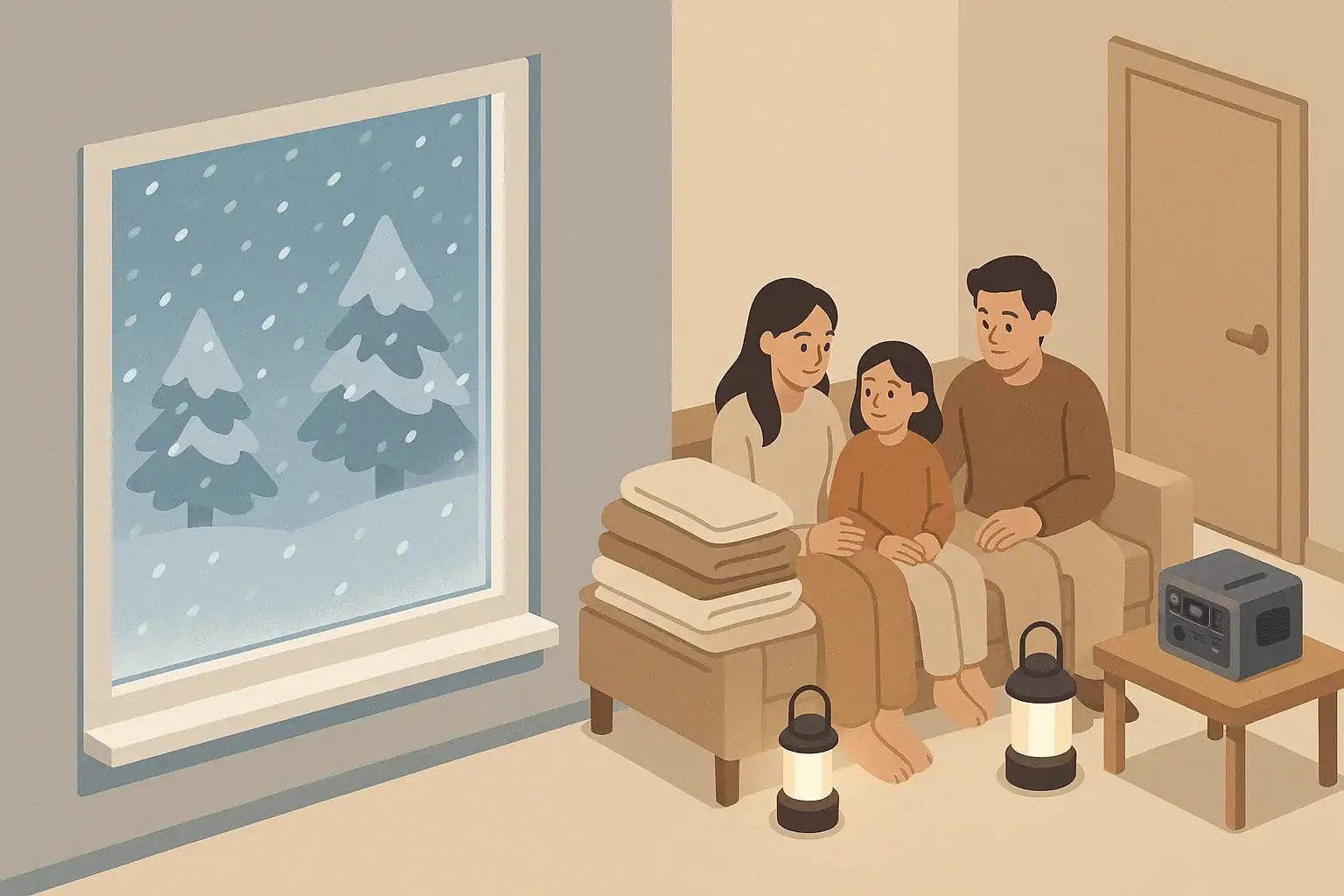Family staying warm during a calm winter blackout