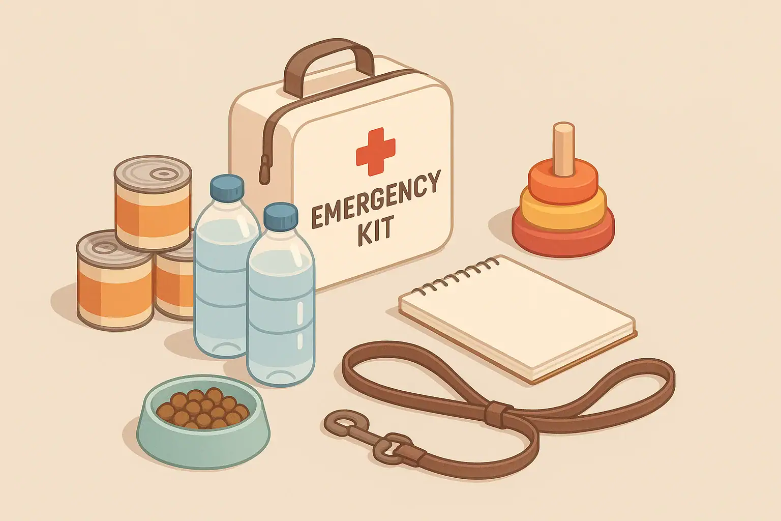 Family emergency supplies including food water and pet items