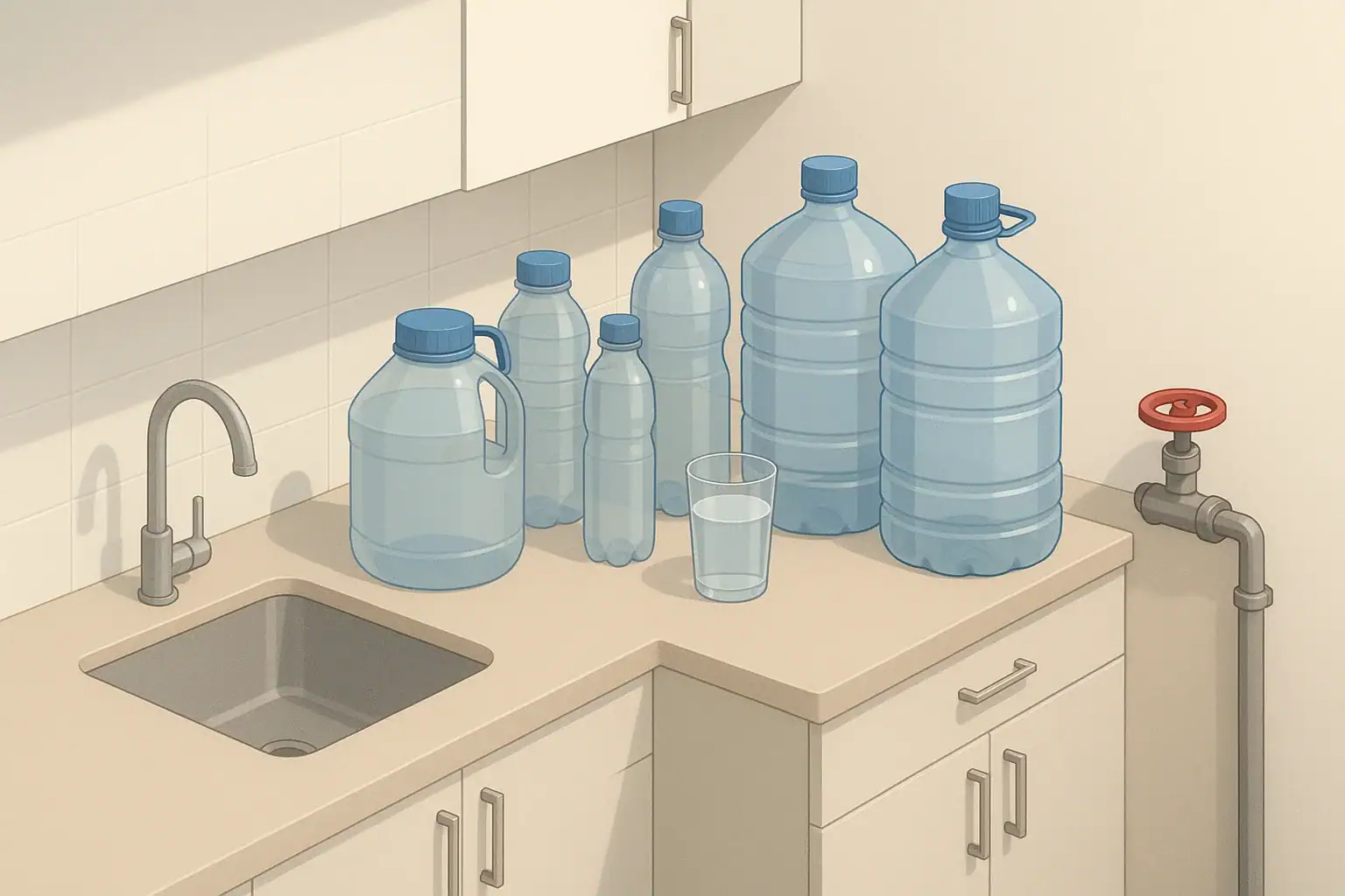 Kitchen water storage containers and home shutoff valve