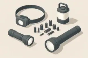 Tabletop layout of emergency flashlights lantern and batteries
