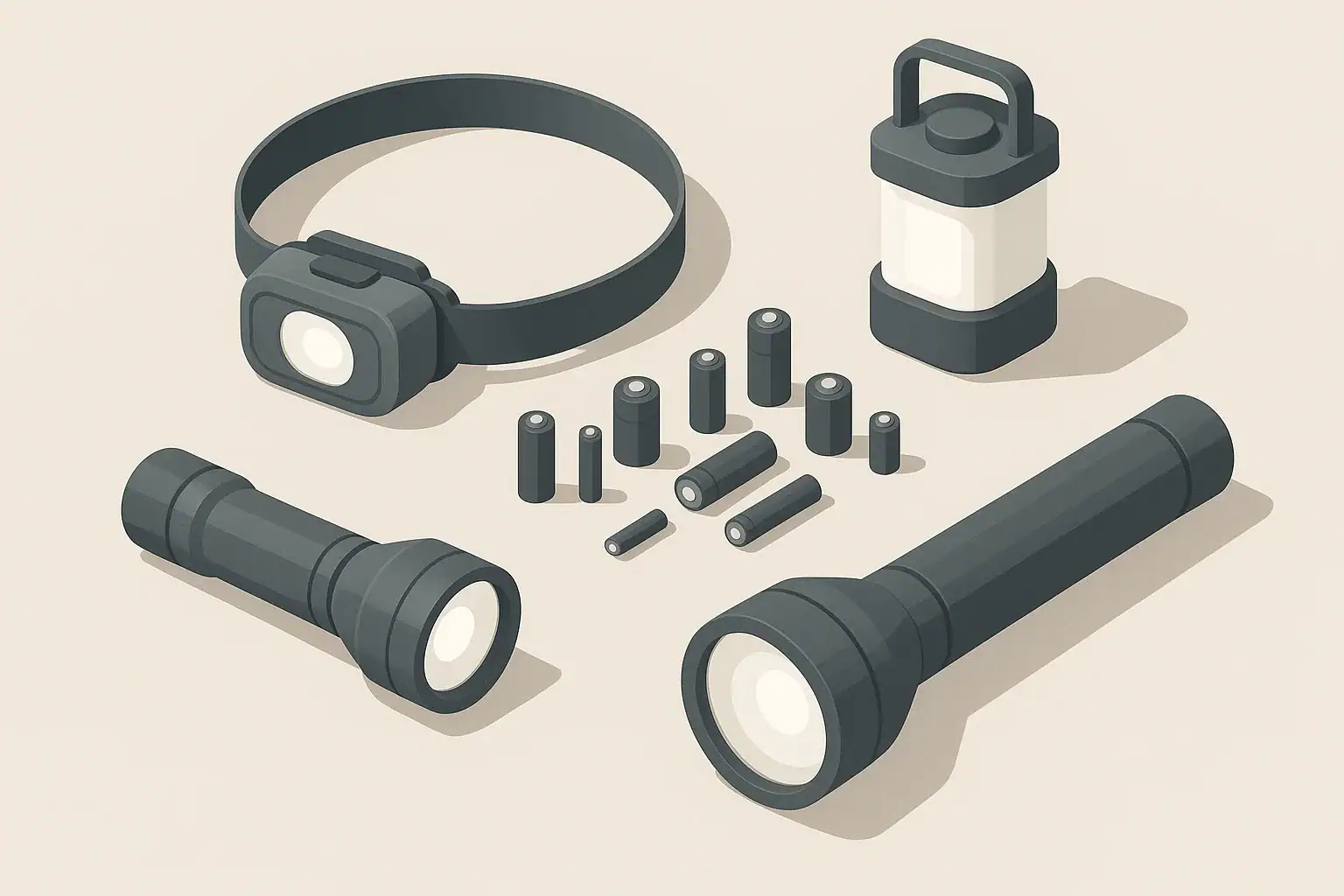 Tabletop layout of emergency flashlights lantern and batteries