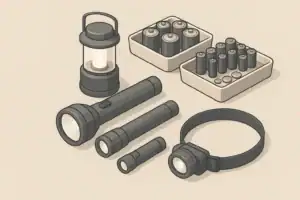 Organized emergency batteries with flashlights and lantern on table