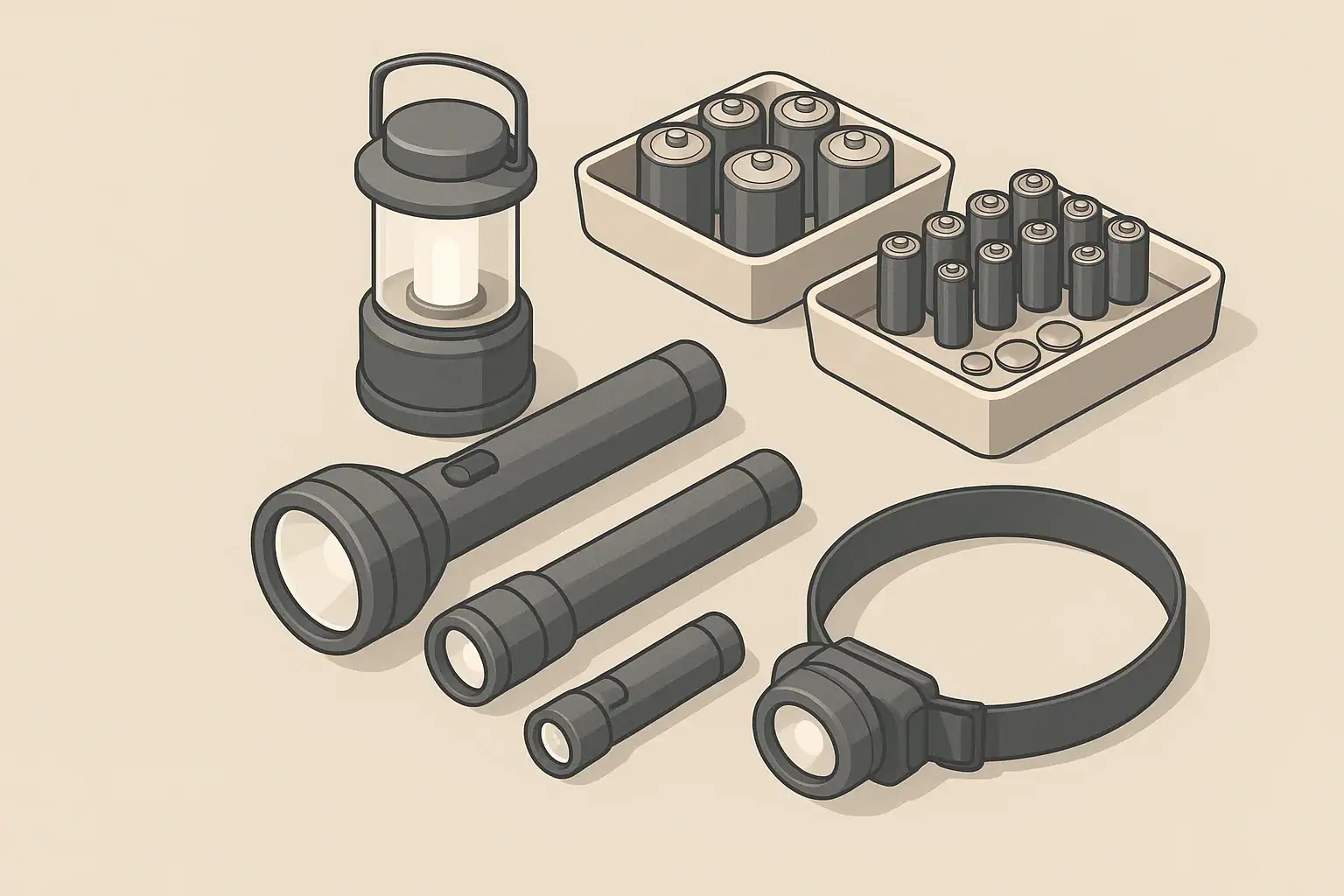 Organized emergency batteries with flashlights and lantern on table