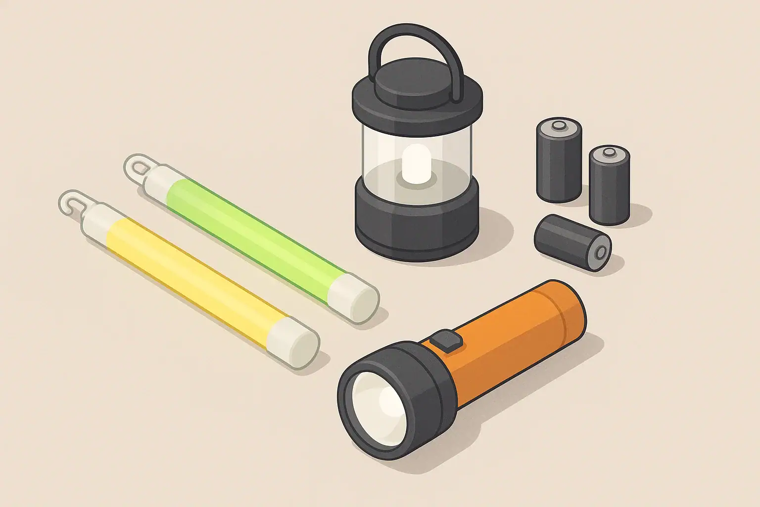 Tabletop layout of emergency lighting gear with glow sticks
