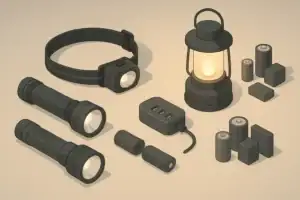 USB battery station with lantern and flashlights on table