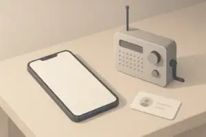 Smartphone and emergency radio with blank contact card