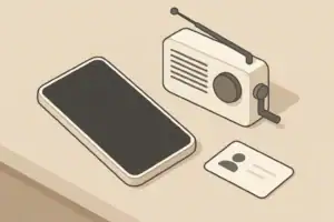 Phone and emergency radio beside a blank contact card