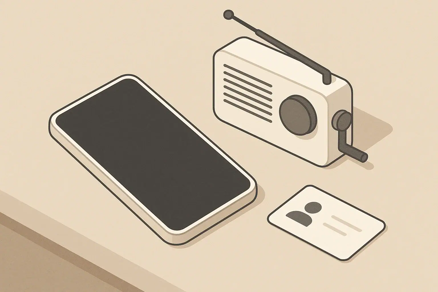 Phone and emergency radio beside a blank contact card