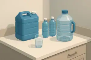 Kitchen corner with emergency water containers and glass of water