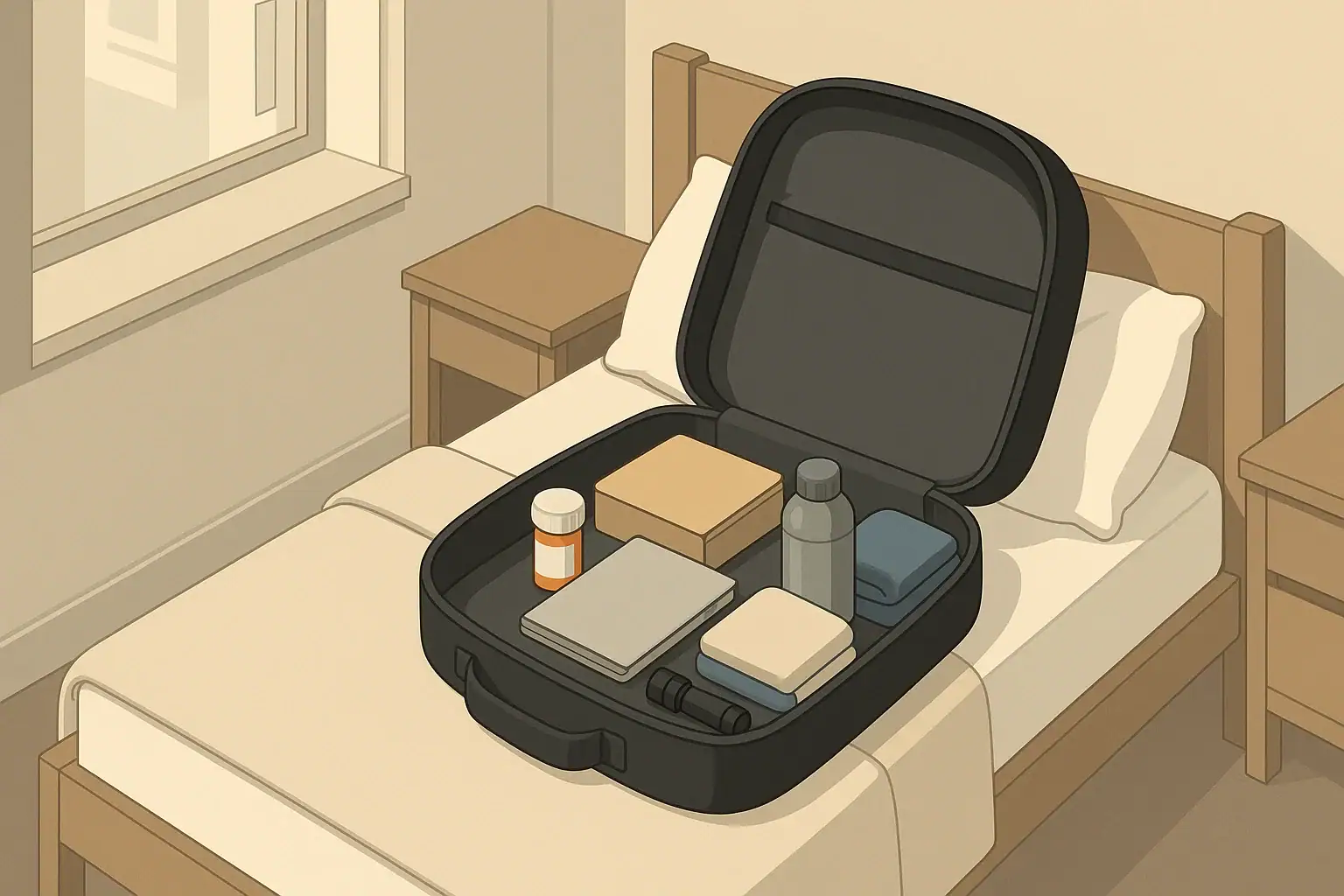 Open go-bag with medications and documents neatly arranged