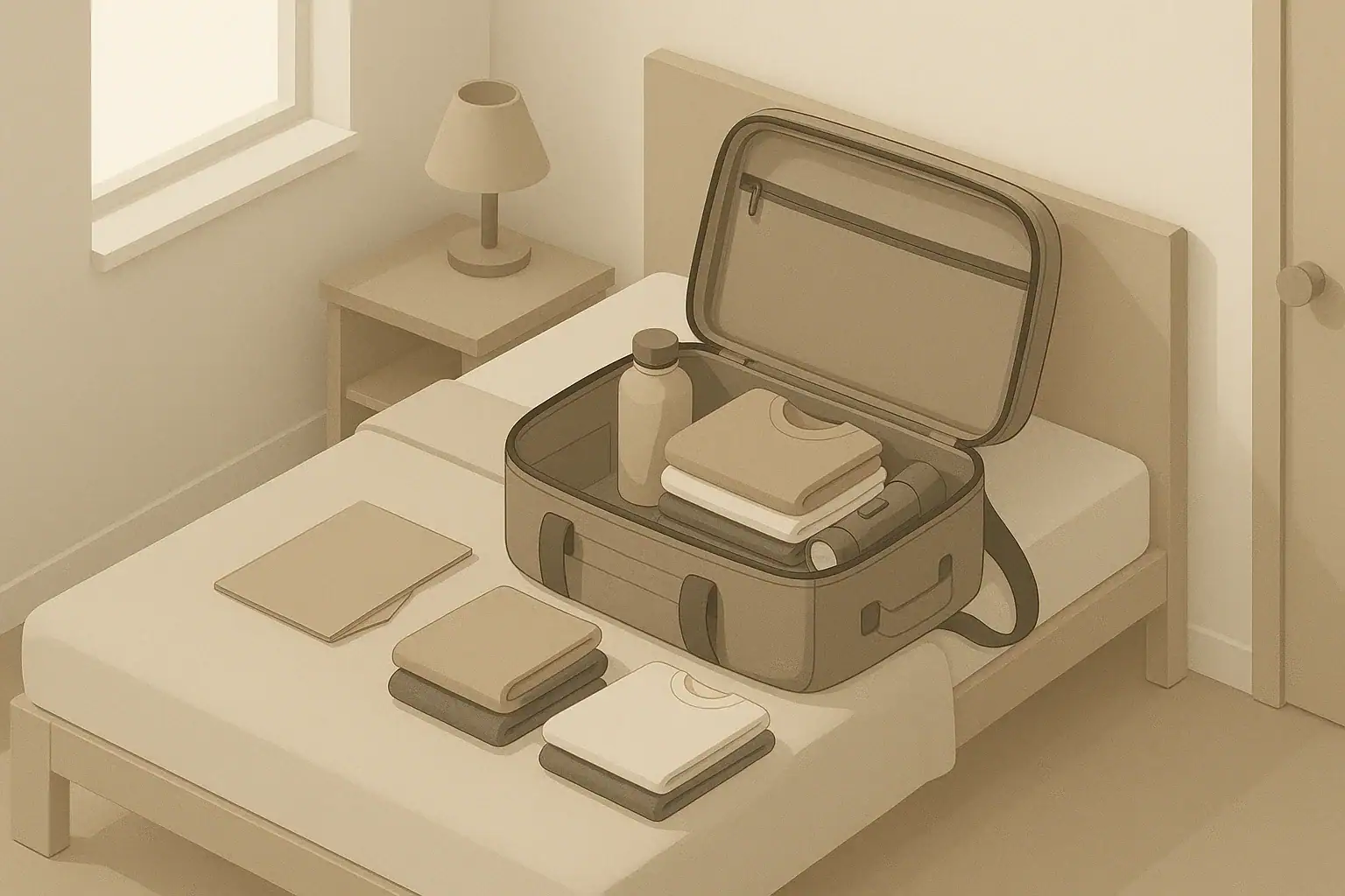 Open go bag with seasonal essentials on a bed