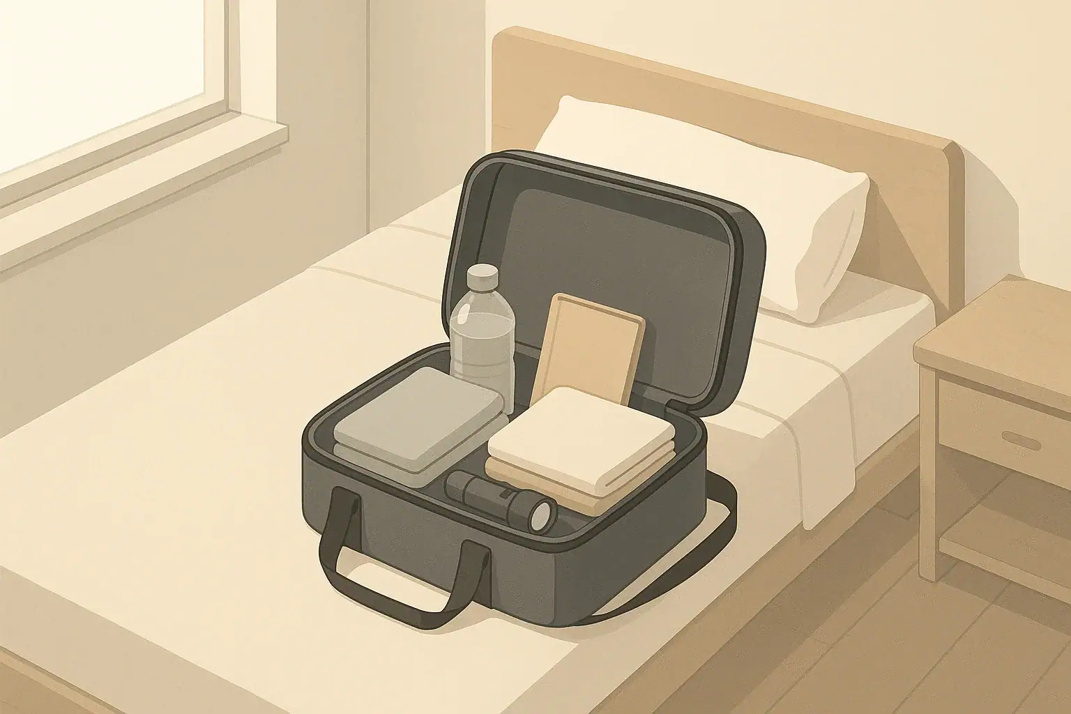 Open evacuation go-bag on bed with light essentials