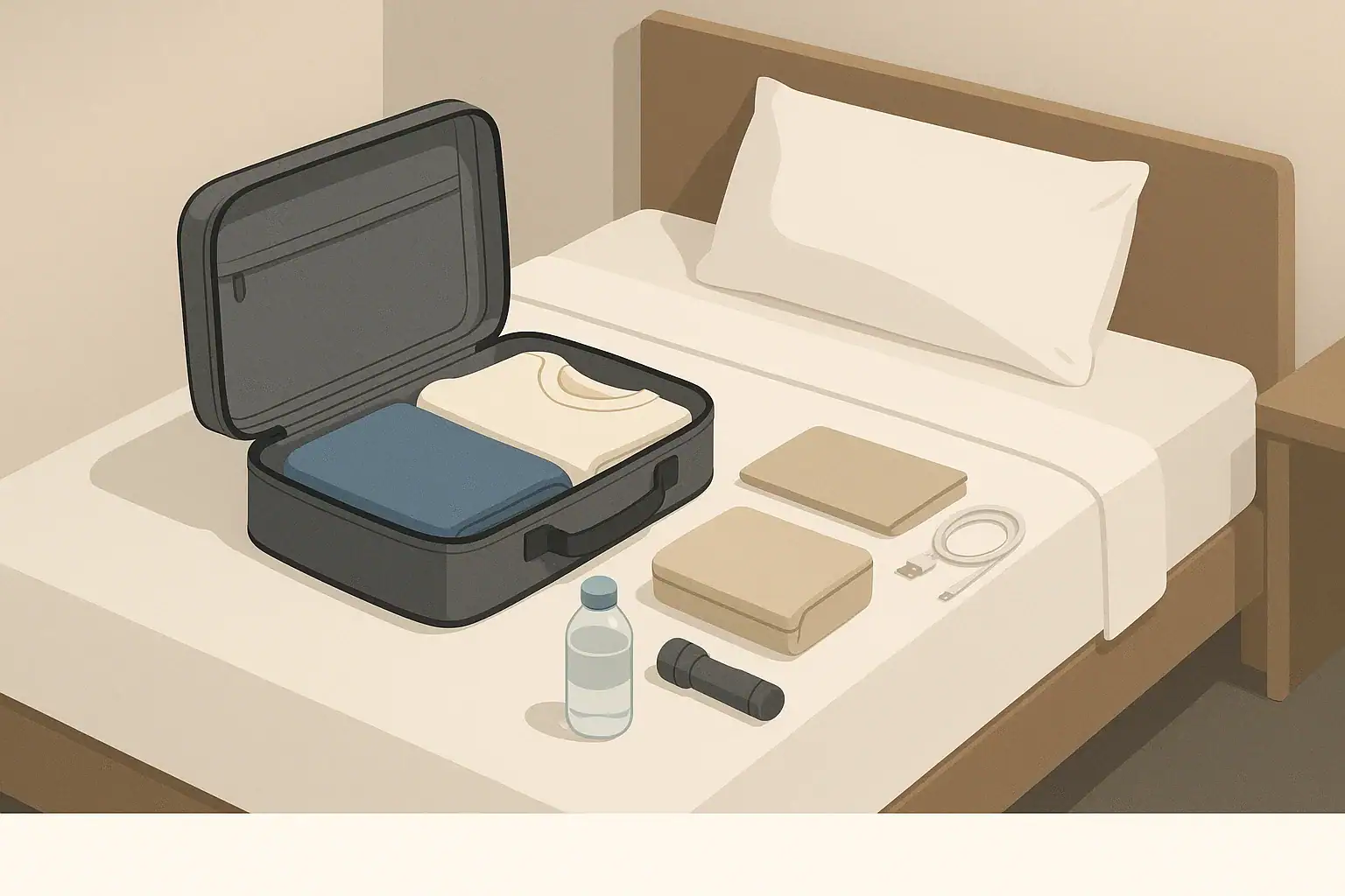 Open go-bag on hotel bed with essential items