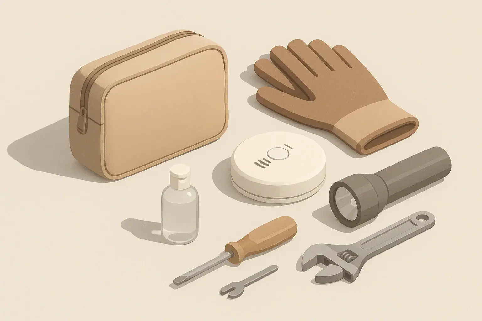 Isometric illustration of a simple home safety kit layout