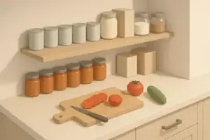 Organized pantry and counter with simple meal prep layout