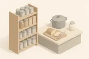 Organized pantry shelves with unlabeled cans and jars