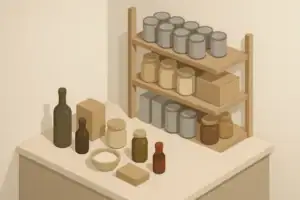 Pantry shelf with assorted shelf stable foods and sauces