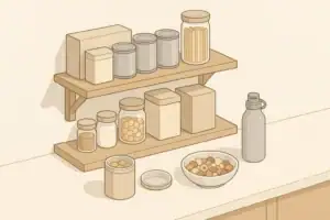 Isometric illustration of a home pantry emergency snack box