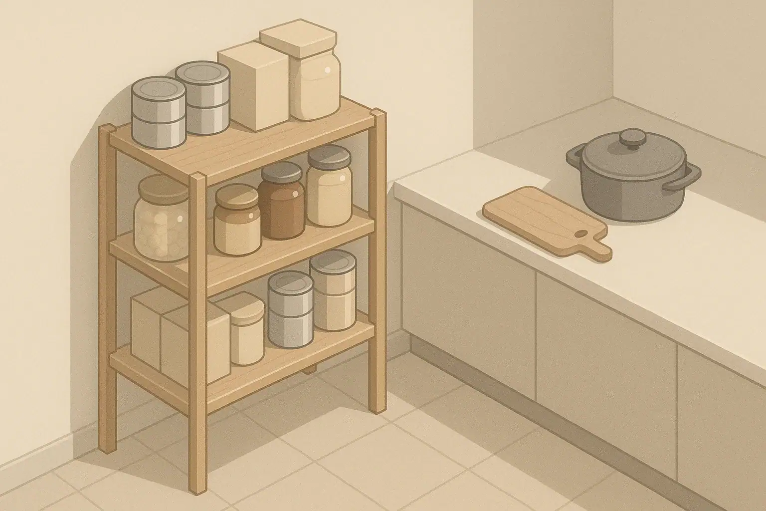 Small pantry shelf with simple emergency food supplies