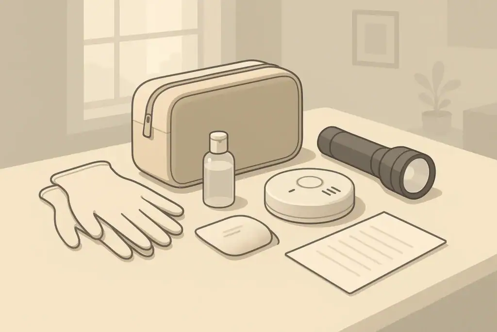 Home safety and cleanup supplies organized for water damage response