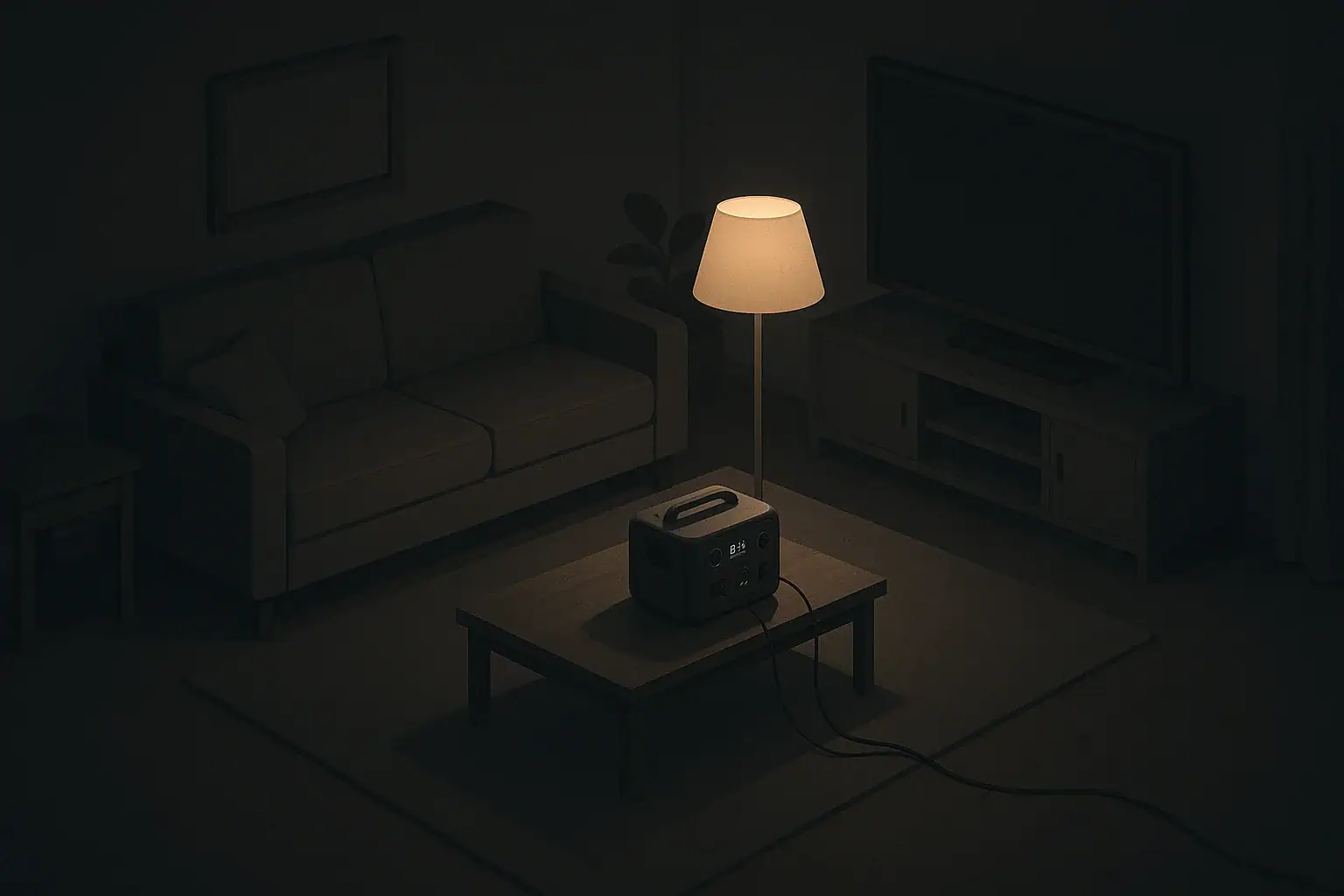 Calm living room scene with backup power during blackout