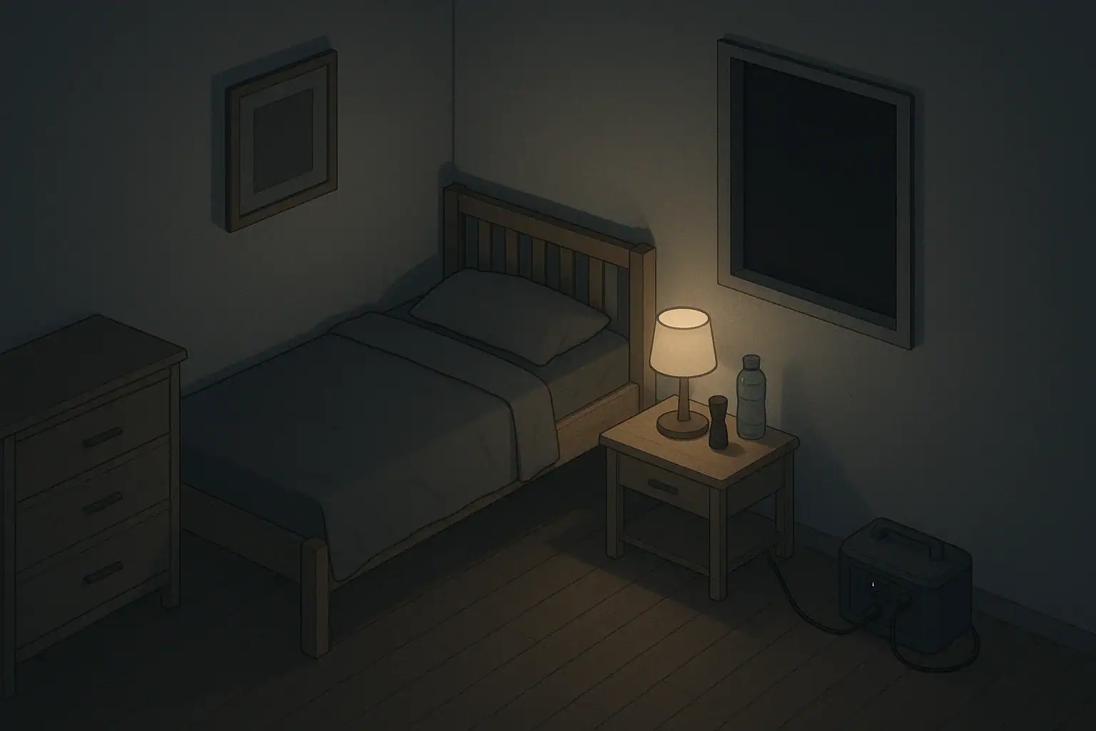 Calm bedroom scene prepared for a nighttime blackout