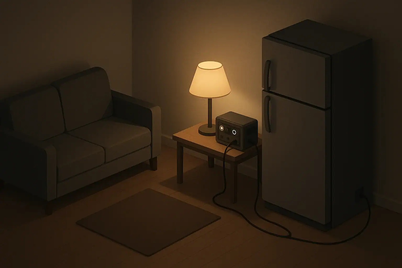 Isometric living room with refrigerator during calm blackout
