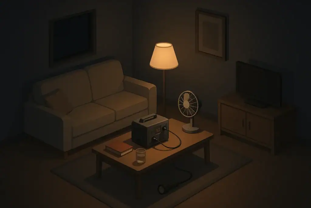 Calm living room during rolling outage with backup lighting