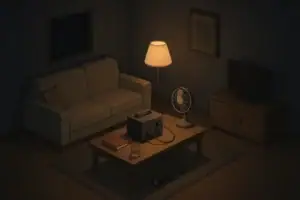 Calm living room during rolling outage with backup lighting