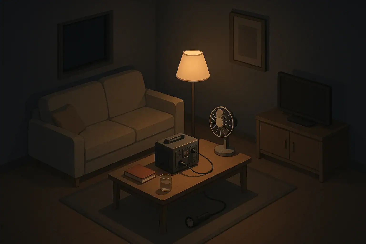 Calm living room during rolling outage with backup lighting