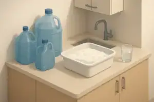 Small kitchen corner with water containers and dishpan