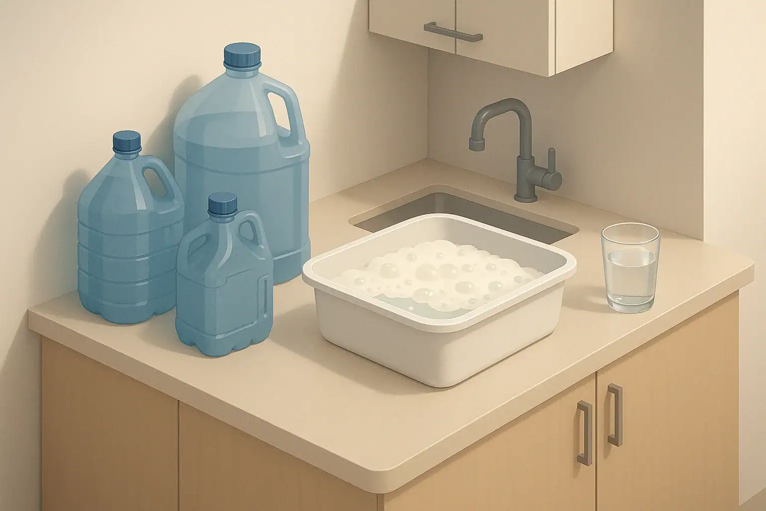Small kitchen corner with water containers and dishpan