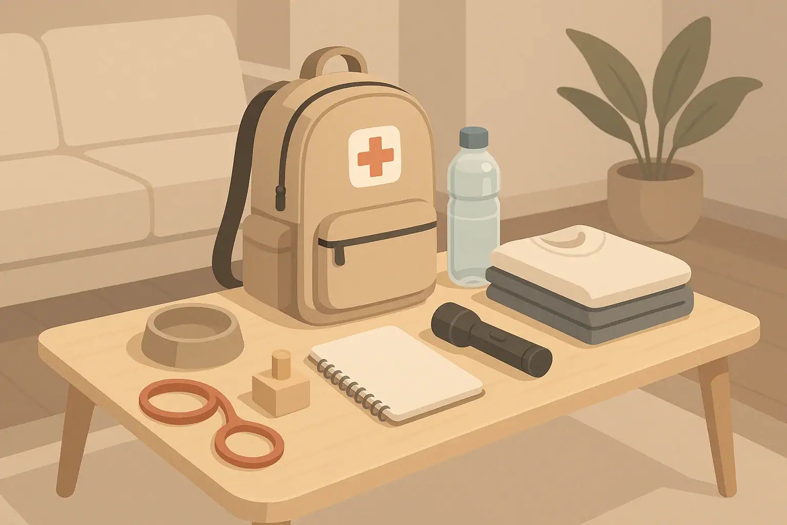 Family and pet friendly home emergency kit organized on floor