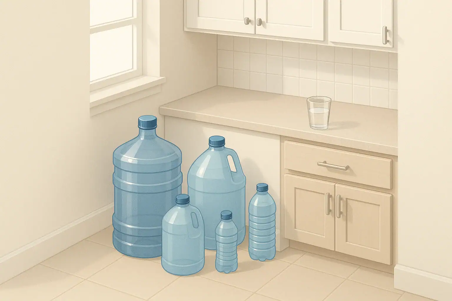 Kitchen corner with organized home water storage containers