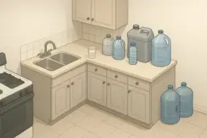 Apartment kitchen with stored water containers for outages