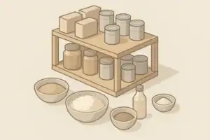 organized gluten free pantry shelves with simple emergency staples