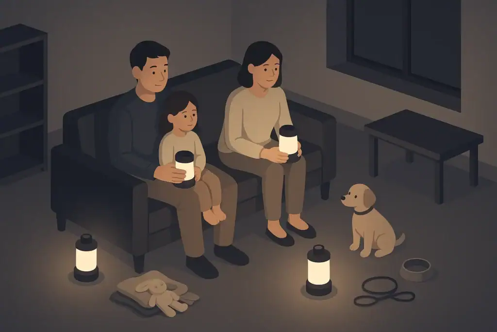 Family in calm living room during nighttime power outage