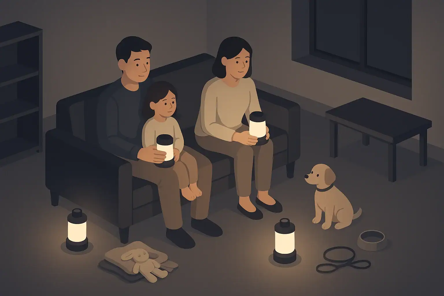 Family in calm living room during nighttime power outage