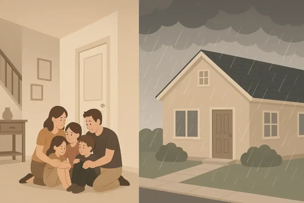 Family sheltering in an interior hallway during a tornado warning