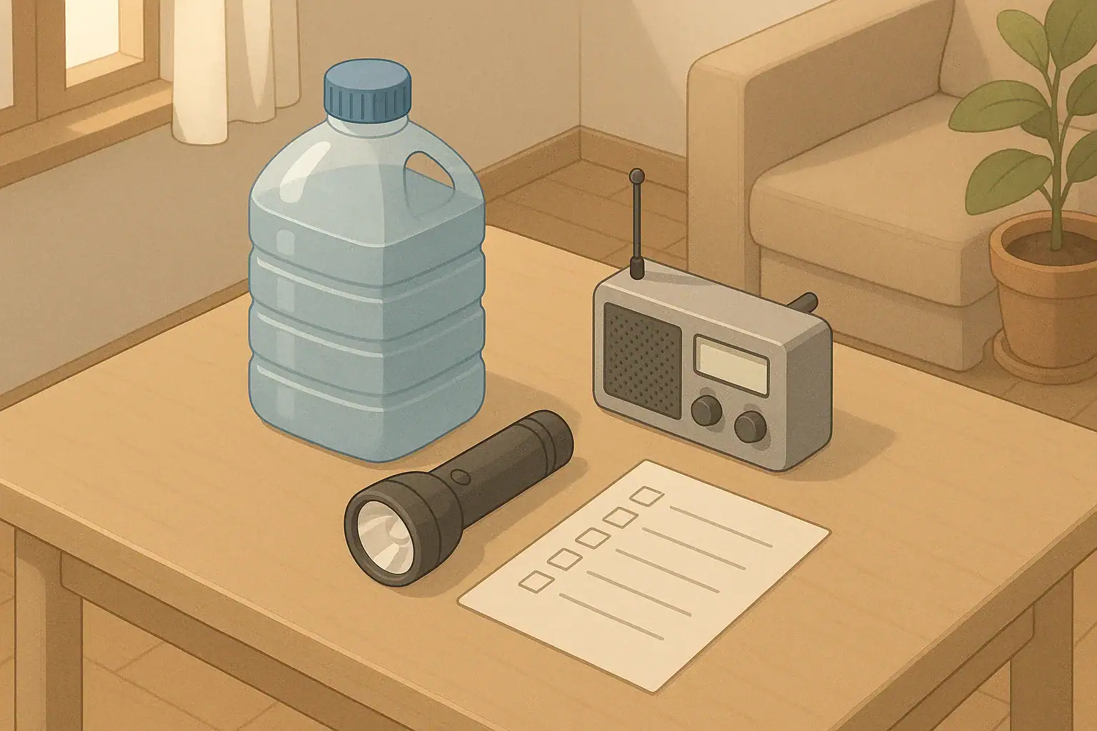 Apartment tabletop with basic emergency preparedness items