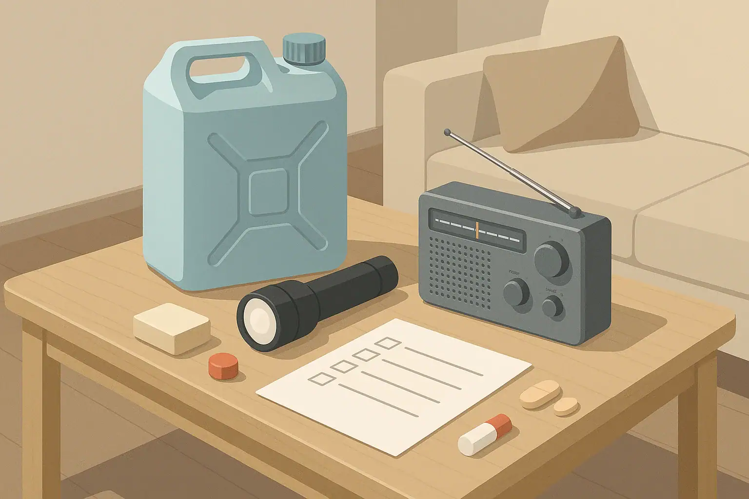 Isometric illustration of a simple home emergency kit layout